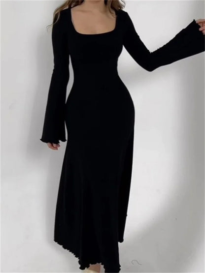 2024 Elegant Women Ribbed   Sleeve Square Neck Solid Slim Fit Fall Party Vestido Streetwear