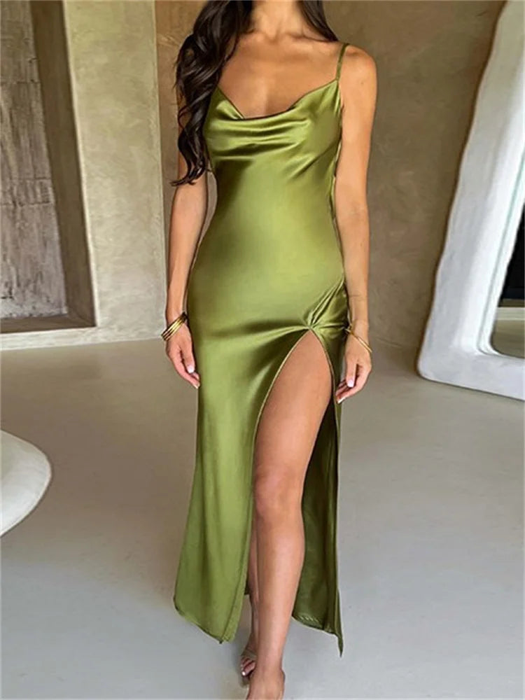 Amy Fashion - Elegant Women Satin V-neck Low Cut  Spaghetti Strap Backless Ruched High Split Party Female Vestidos