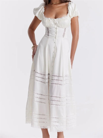 2024 Elegant Women Short Sleeve Front Buttons Up   Lace Hollow Out High Waist White OL Summer Vestidos