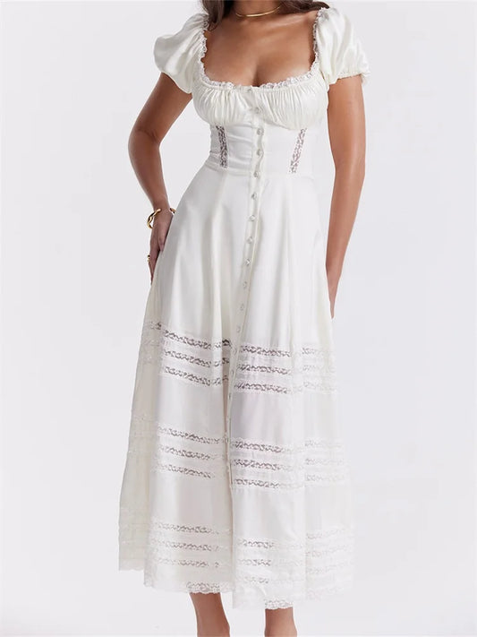 Amy Fashion - Elegant Women Short Sleeve Front Buttons Up   Lace Hollow Out High Waist White OL Summer Vestidos