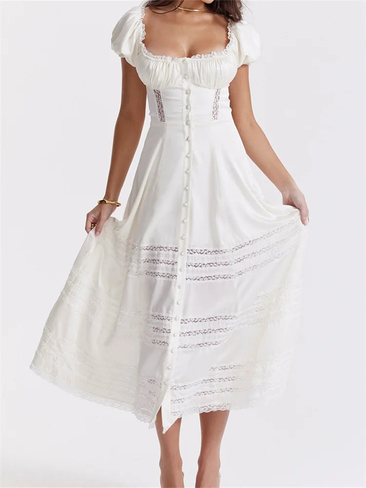 2024 Elegant Women Short Sleeve Front Buttons Up   Lace Hollow Out High Waist White OL Summer Vestidos