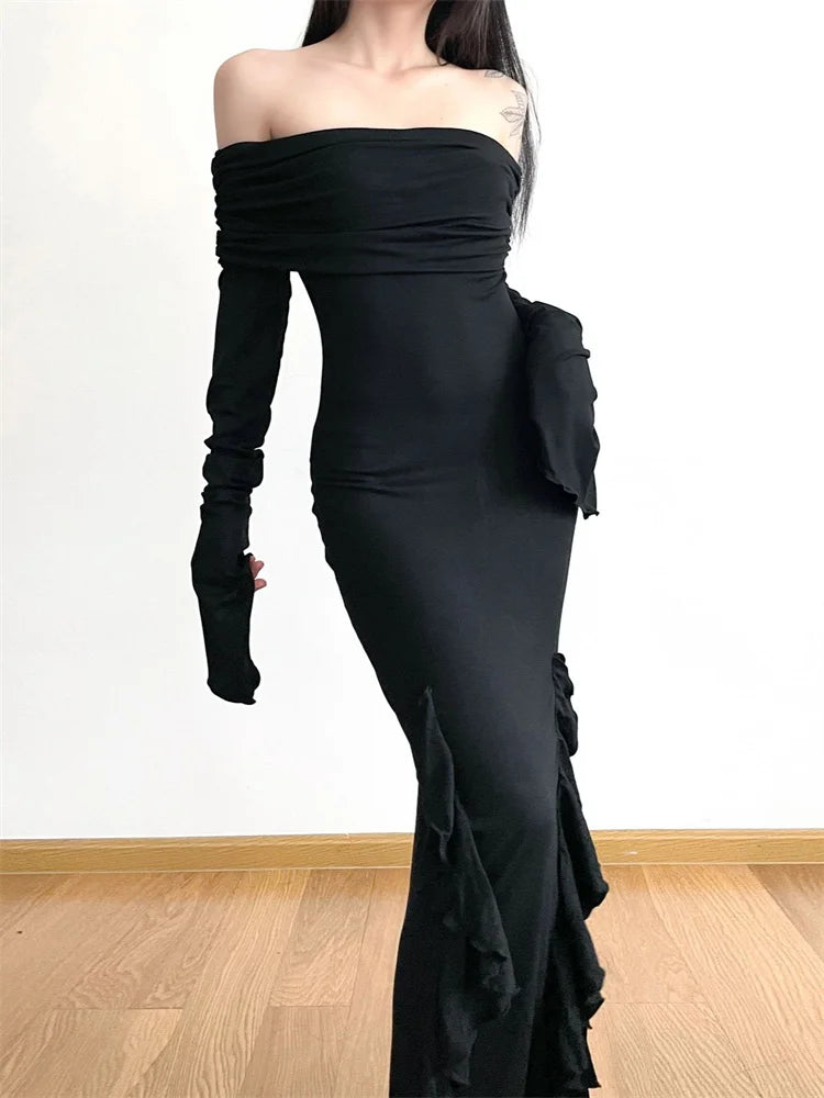 Amy Fashion - Elegant Women Slash Neck Off Shoulder   Flare Sleeve Party Irregular Hem Ruffles Female Vestidos