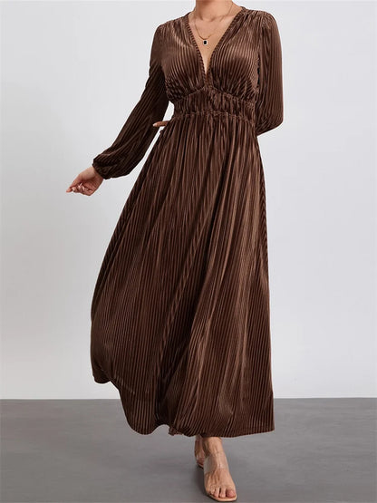 2024 Elegant Women Spring Fall Velvet   Sleeve Deep V Neck Solid Color A-Line Vintage Female Vestidos