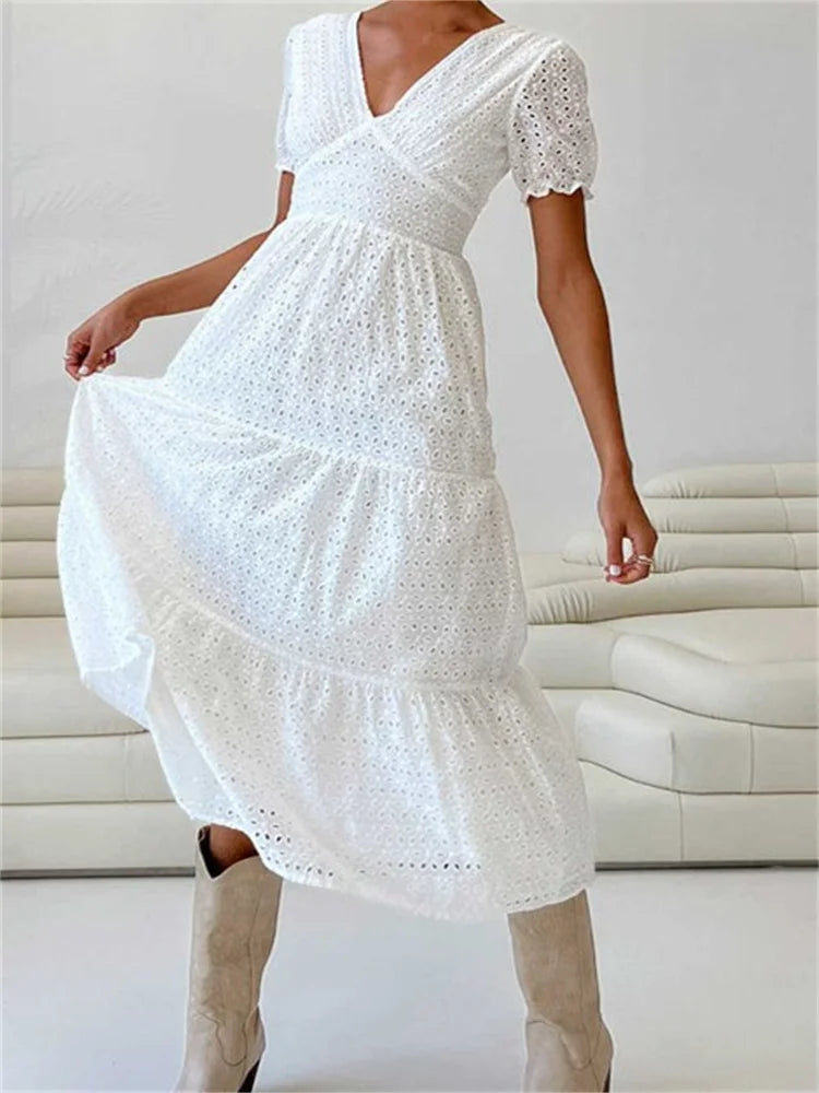 2024 Elegant Women Summer Short Sleeve A-Line Solid V-neck Lace Floral Backless Tie-up  Party Vestido