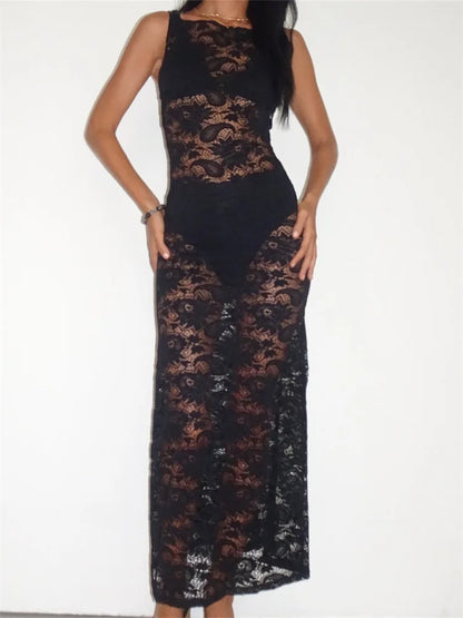 2024 Lace Floral Mesh See Through Black  for Women Summer Beach Clubwear Sexy Women Backless Tie-up