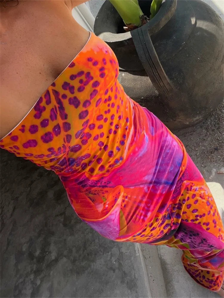 2024 Leopard Floral Print  Tube for Women  Summer Party Beach Strapless Off Shoulder Slim Vestidos New