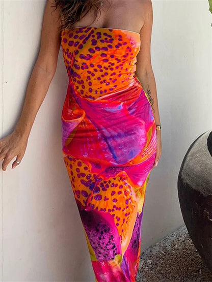 2024 Leopard Floral Print  Tube for Women  Summer Party Beach Strapless Off Shoulder Slim Vestidos New