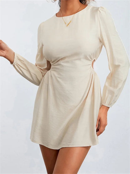 Amy Fashion - Long Sleeve Waist Hollow Out Tie up Mini Dress