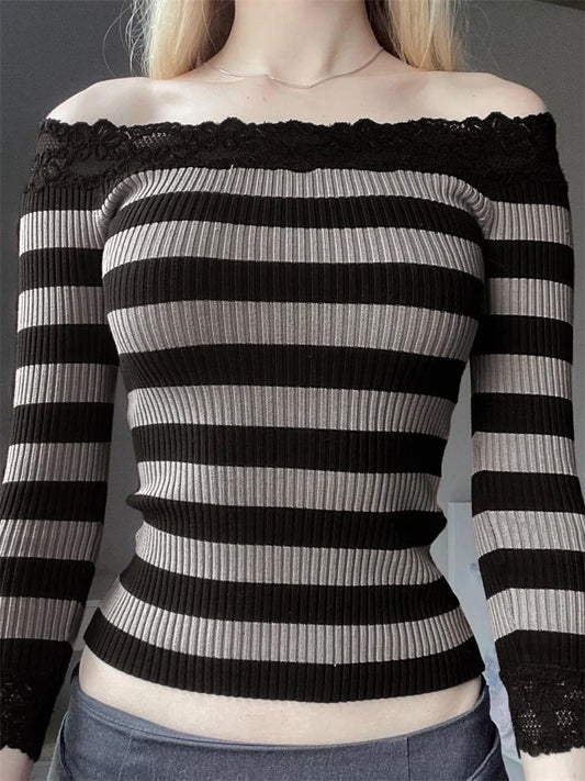 Amy Fashion - Casual Long Sleeve Retro Striped Off-Shoulder T-Shirts