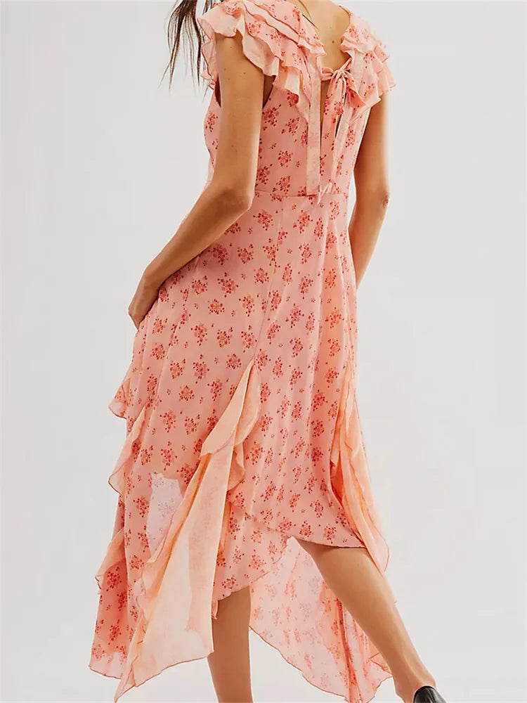 Amy Fashion - Retro Women Summer Casual  Floral Print Ruffles Sleeveless V-Neck Fashion Holiday Beach Vestidos