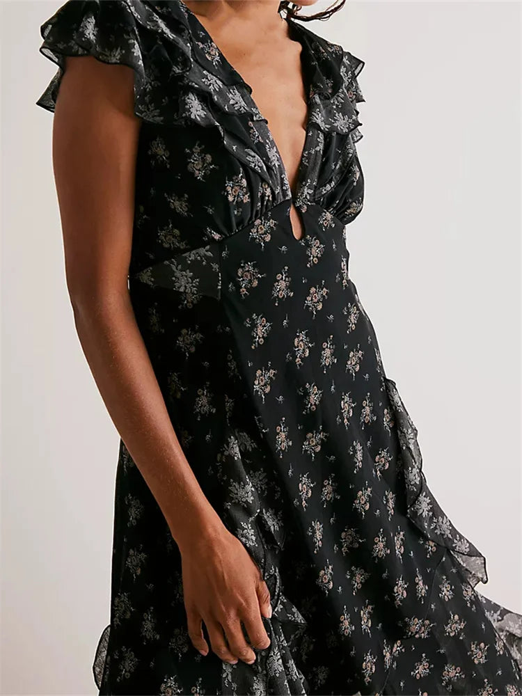 Amy Fashion - Retro Women Summer Casual  Floral Print Ruffles Sleeveless V-Neck Fashion Holiday Beach Vestidos
