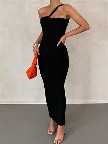 2024 Sexy Backless Ruched  Women Sleeveless Single Strap Off Shoulder Bodycon Party Club  Female Vestidos