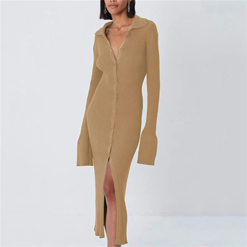 Amy Fashion - Sexy Knitted Cardigan Women  Female Fashion Slim Solid Autumn Winter  Flare Sleeve Female Vestidos