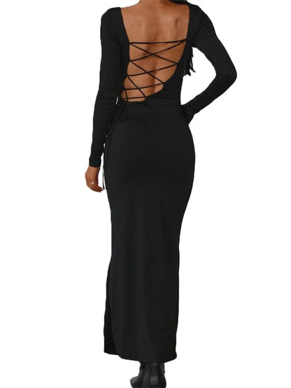 2024 Sexy Women Backless Hollow Out Criss-cross Tie-up   Sleeve Black Solid Slim Fit Party  Vestidos