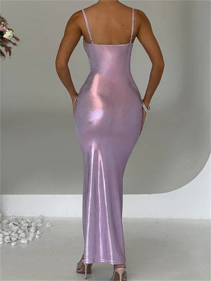 2024 Sexy Women Bodycon  Solid Metallic Sleeveless Strap Summer Backless Party Female Vestidos Streetwear