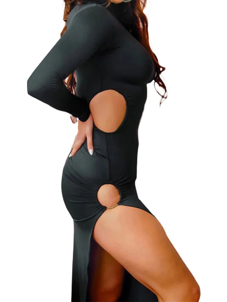 2024 Sexy Women High Split   Sleeve High Neck Solid Evening  Side Cutout Bodycon Female Vestidos