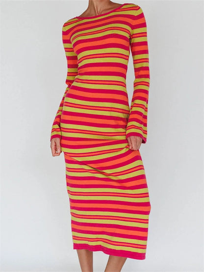 2024 Sexy Women Knitted   Sleeve Crew Neck Backless Tie-up Striped Print Slim Fit Spring Fall Vestidos