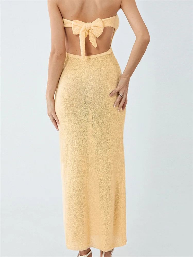 2024 Sexy Women Knitted Tube  Strapless Off Shoulder Solid Summer  Tie-up Backless Beach Female Vestidos