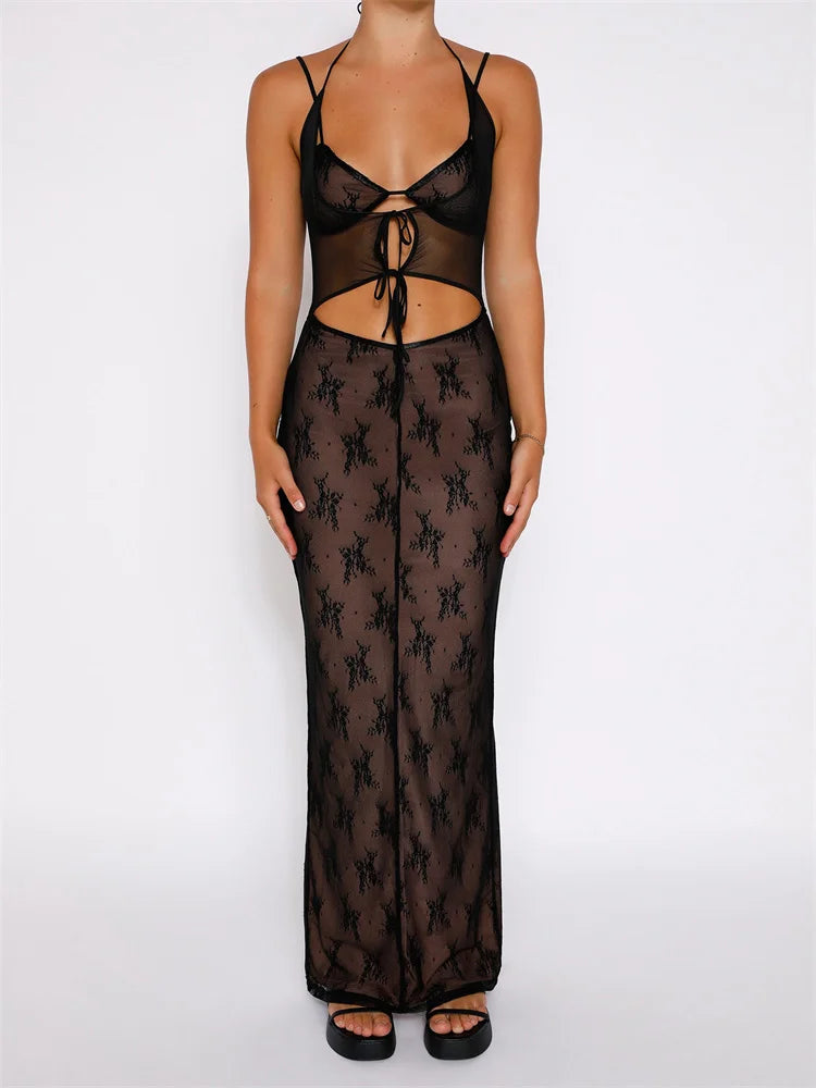 Amy Fashion - Sexy Women Lace Sleeveless Strap Sling Party Club Mesh See Through Hollow Out Slim Fit  Vestidos