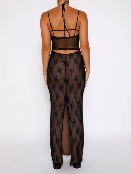 2024 Sexy Women Lace Sleeveless Strap Sling Party Club Mesh See Through Hollow Out Slim Fit  Vestidos