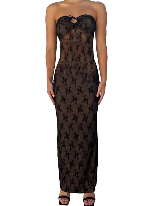 2024 Sexy Women Lace Strapless Off Shoulder Tube Party Club Mesh See Through Tie-up Slim Fit  Vestido