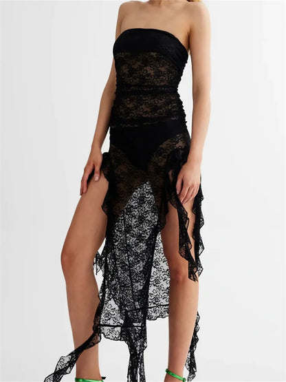 Amy Fashion - Sexy Women Lace Tube Strapless Off Shoulder Backless See Through Irregular Hem Split Tassels Clubwear New