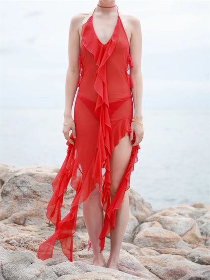 2024 Sexy Women Mesh See Through  Bikini Cover Ups Beachwear Halter Backless Ruffles Tassels Irregular Hem Dress
