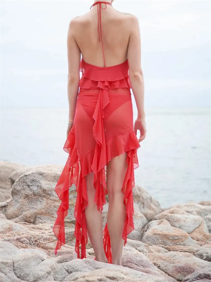 2024 Sexy Women Mesh See Through  Bikini Cover Ups Beachwear Halter Backless Ruffles Tassels Irregular Hem Dress