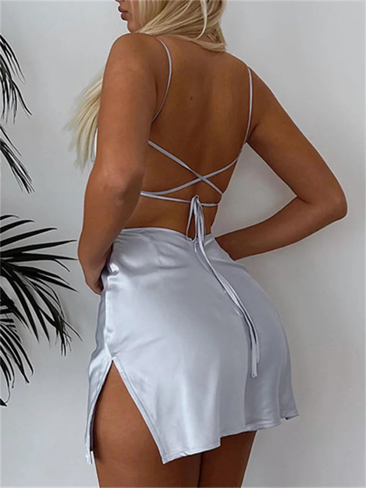 Amy Fashion - Sexy Satin Sleeveless Strap Summer Solid Bandage Backless Mini Dress
