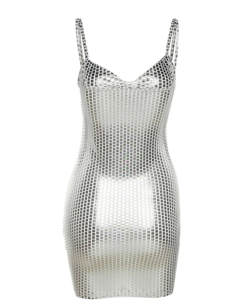 2024 Sexy Shiny Summer Party Fashion Sleeveless Spaghetti Mini Dress