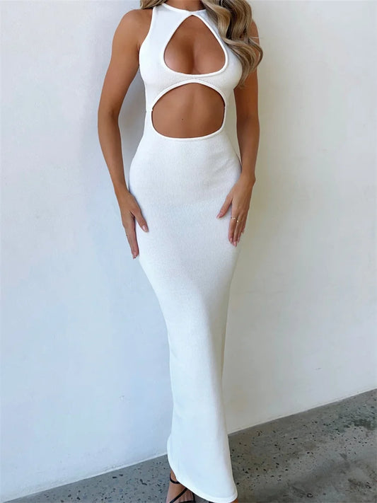 Amy Fashion - Sexy Women Sleeveless Evening  White Backless Hollow Out Summer Party Club Female Vestidos Streetwear