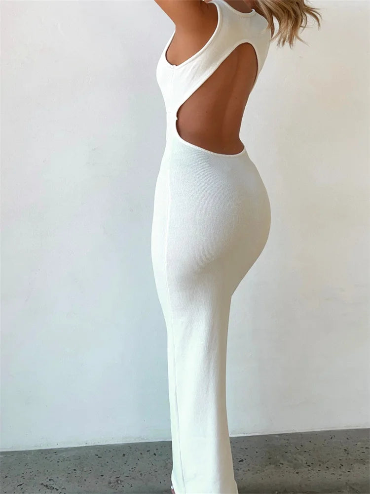 2024 Sexy Women Sleeveless Evening  White Backless Hollow Out Summer Party Club Female Vestidos Streetwear