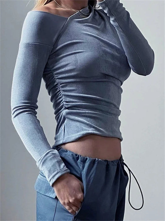 Amy Fashion - Solid Color Long Sleeve Off Shoulder Irregular Neck Ruched T-shirts