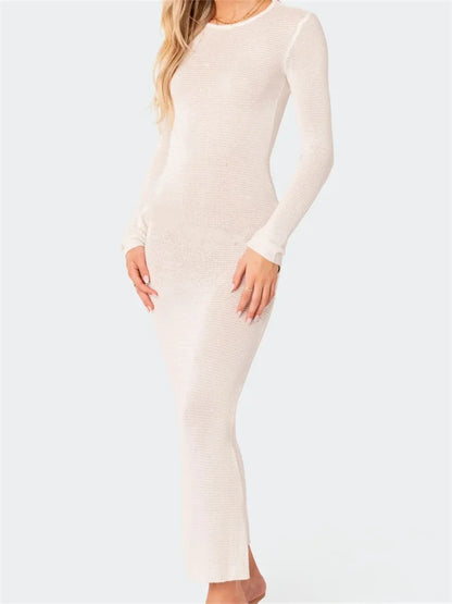 Amy Fashion - Sexy Women Summer Autumn Party  Solid Round Neck  Sleeve Backless Knitted Female Vestido Clubwear