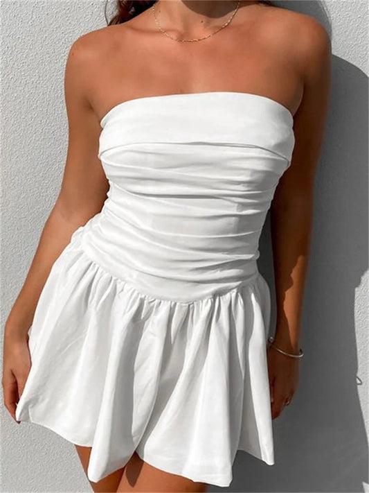 Amy Fashion - Sexy Summer Tube Strapless Off Shoulder Solid Ruched Mini Dress