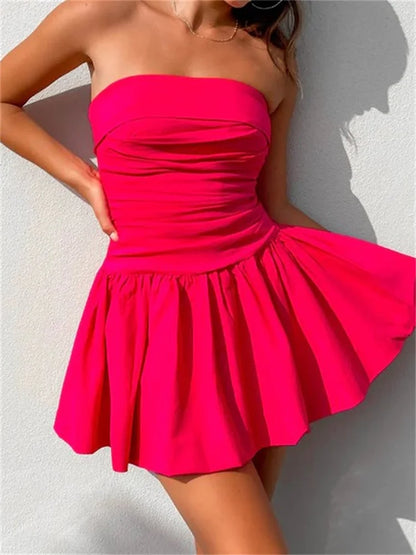 2024 Sexy Summer Tube Strapless Off Shoulder Solid Ruched Mini Dress