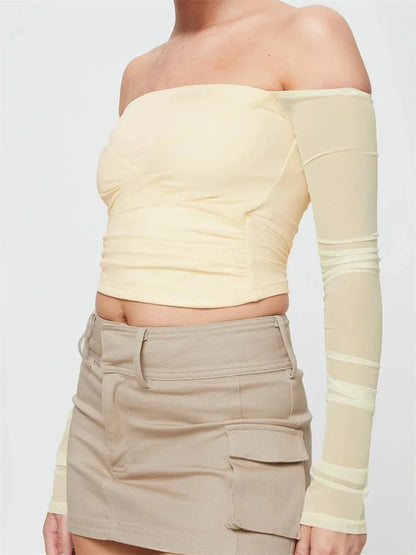 Amy Fashion - Slash Neck Off Shoulder Mesh See Through Long SleeveT-shirts