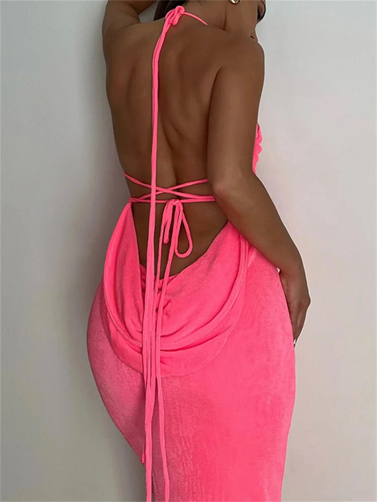 2024 Sleeveless Backless Drawstring Hollow Out Sexy Split    Summer Women Party Y2K Beach Vestidos