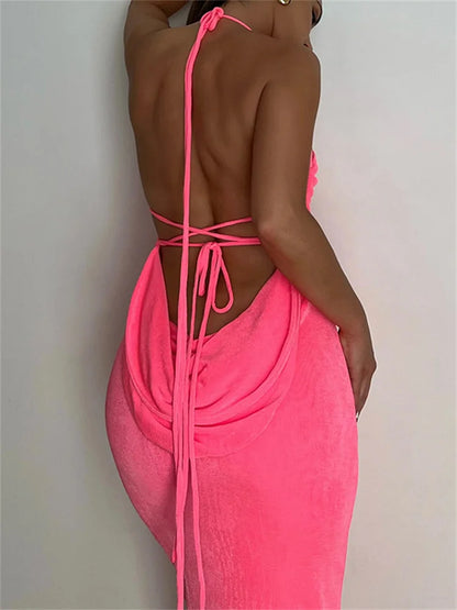 Amy Fashion - Sleeveless Backless Drawstring Hollow Out Sexy Split    Summer Women Party Y2K Beach Vestidos