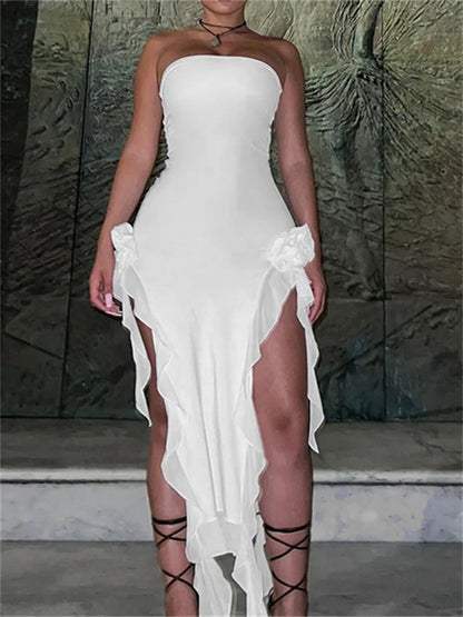 2024 Strapless Off Shoulder Elegant Women Party Clubwear Flowers Patchwork High Split Solid Summer  Vestidos