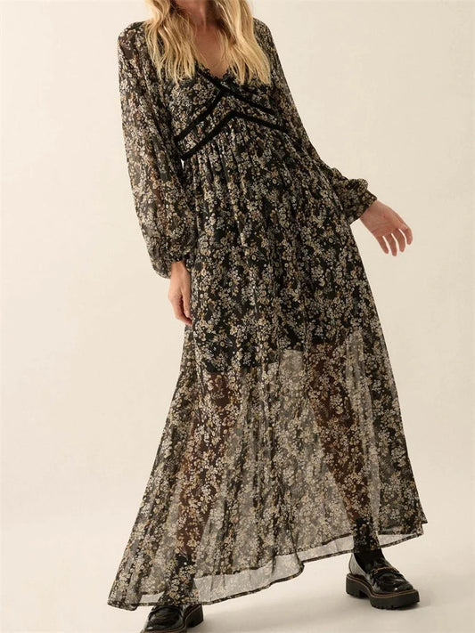 Amy Fashion - Vintage Women Bohemian Floral Print  Summer  Sleeve V Neck High Waist Chiffon  Flowy Vestidos