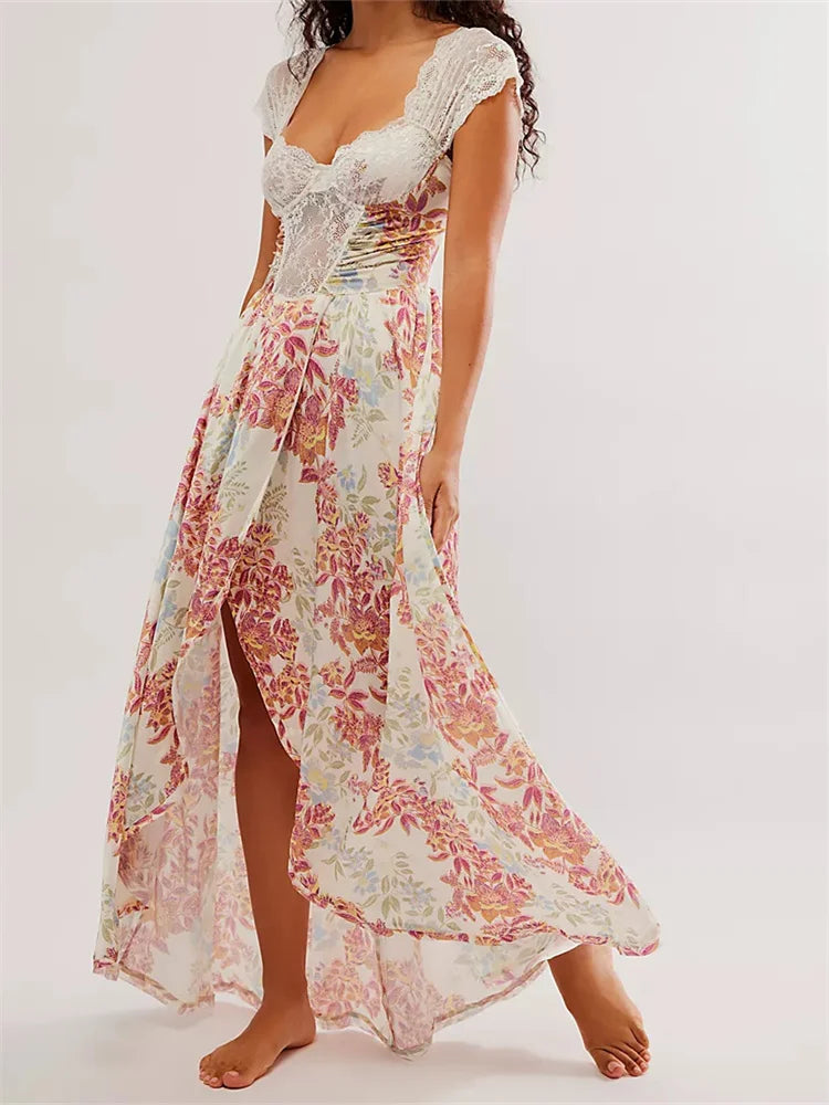 2024 Vintage Women Lace Short Sleeve  Casual Floral Print Backless Beach Party Split Summer Vestidos