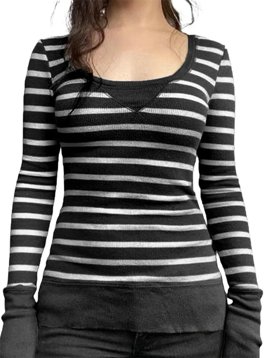 Amy Fashion - Vintage Striped Print Knitted  Long Sleeve Slim Fit  T-shirts