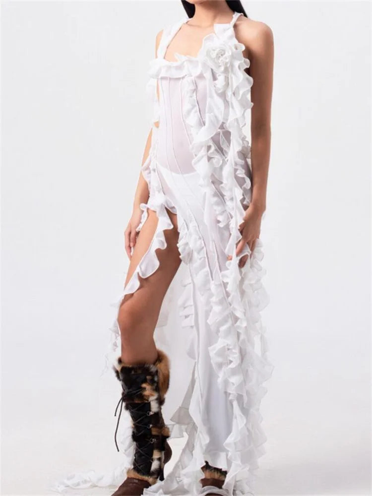 2024 Women 3D Floral Tassels  Ruffles Sheer Mesh See Through Y2K Off Shoulder Backless Sexy Vestidos Clubwear