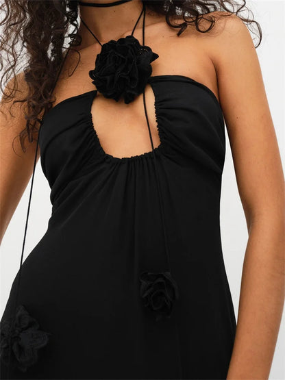 2024 Women 3D Flowers Patchwork Halter  Sleeveless Backless High Split Asymmetrical Hem Ruffles  Vestidos
