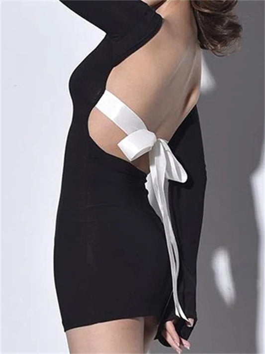Amy Fashion - Autumn Slim Fit Backless Black Long Mini Dress