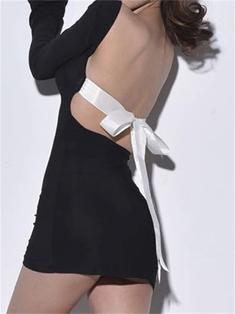 2024 Autumn Slim Fit Backless Black Long Mini Dress