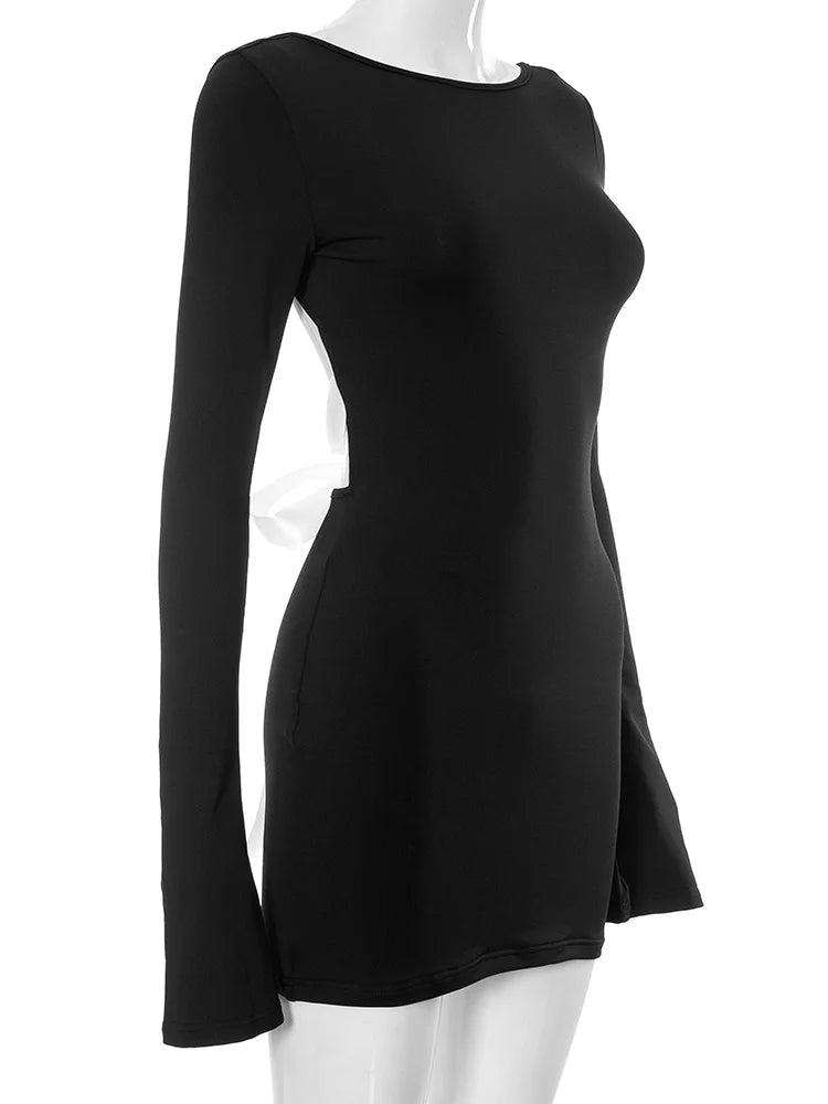 Amy Fashion - Autumn Slim Fit Backless Black Long Mini Dress