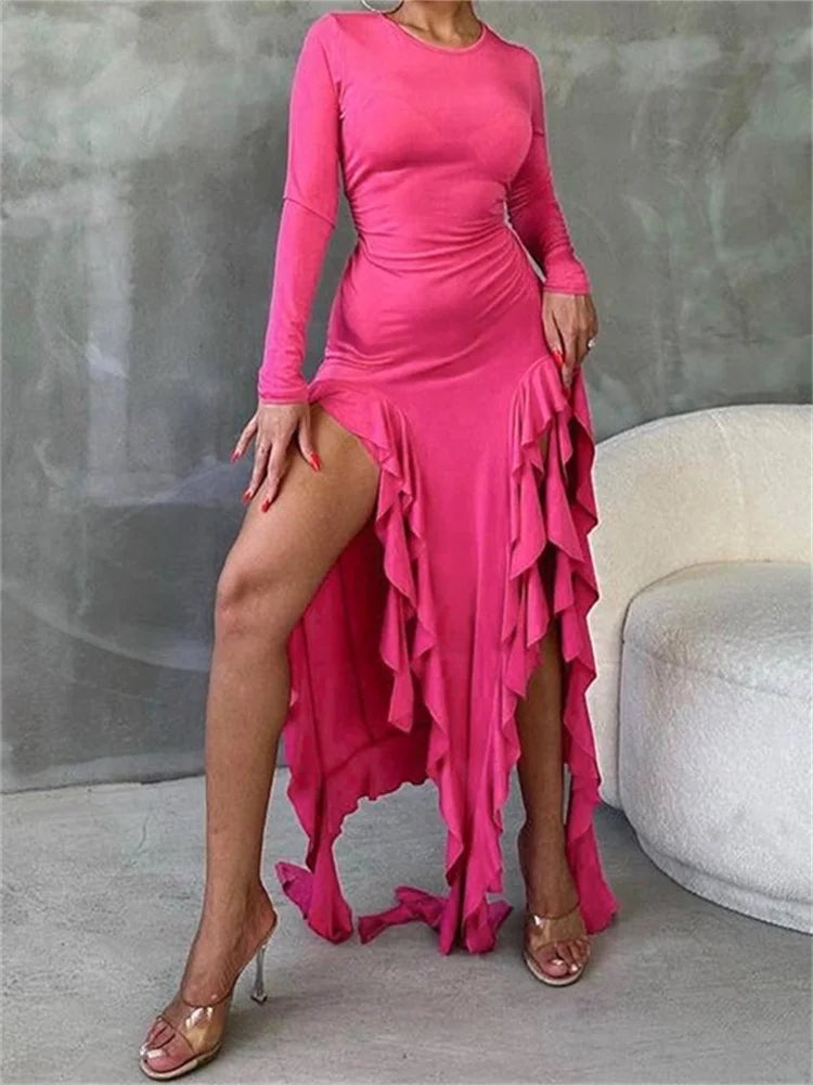 2024 Women Bodycon  Fashion  Sleeve Solid Color High Split Ruffles Ruched Party Female Vestidos