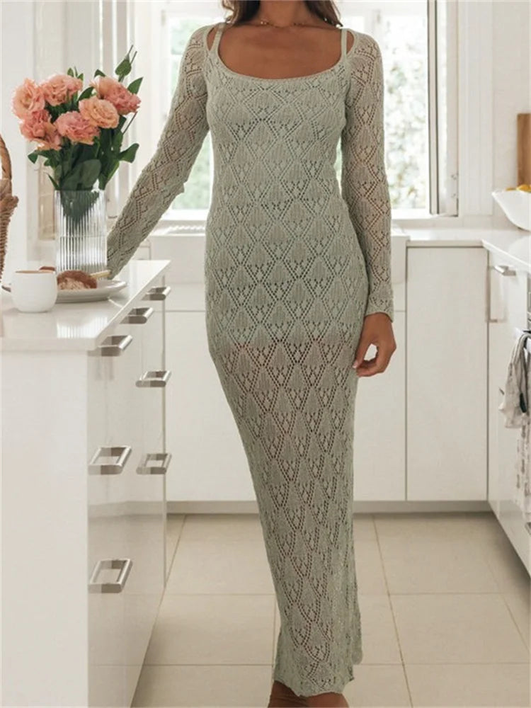 2024 Women Bodycon  Lace See Through Hollow Out O-neck  Sleeve Back Split Party Female Vestidos
